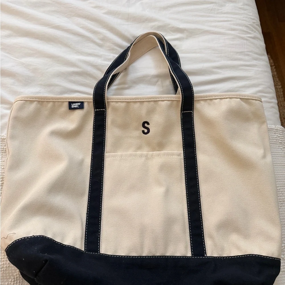 Lands' End Navy and Cream Canvas Tote Bag - Picture 1 of 1